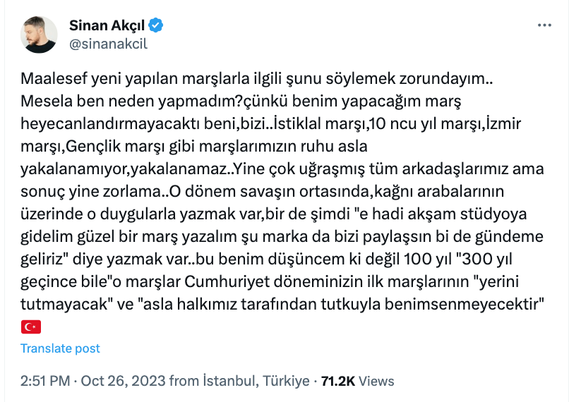 sinan akcil dan sanatcilarin yazdigi 100 yil marslari ile ilgili carpici yorum